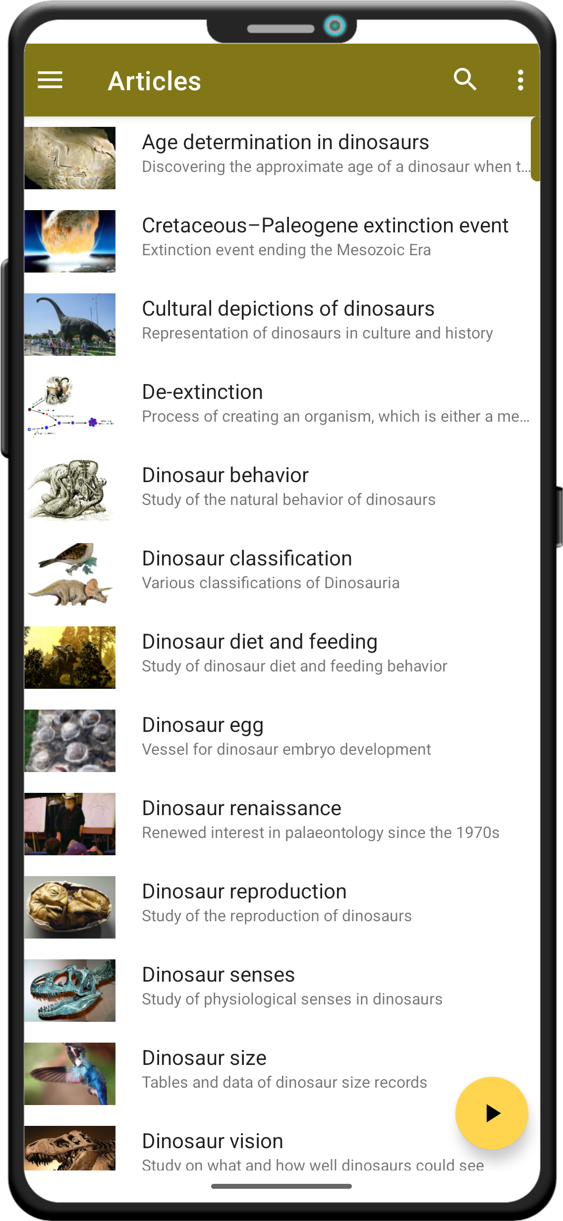 Screenshot of in-app articles in World of Dinosaurs.