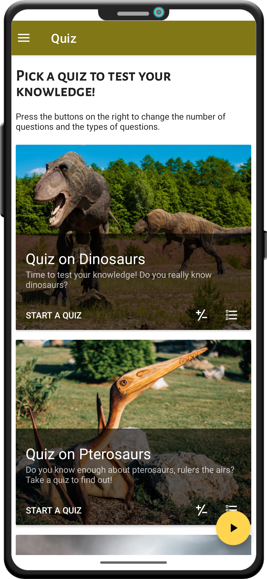 Screenshot of tailored quiz options in World of Dinosaurs.