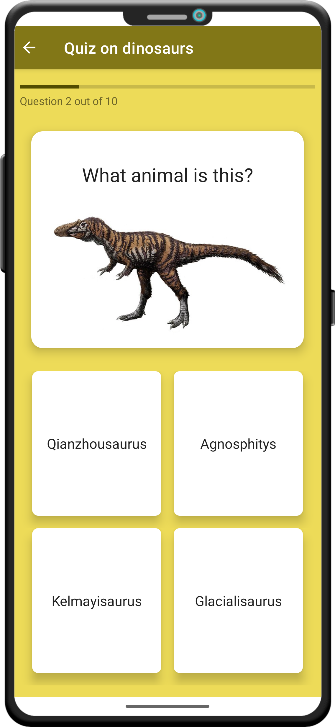 Screenshot of a quiz in World of Dinosaurs.