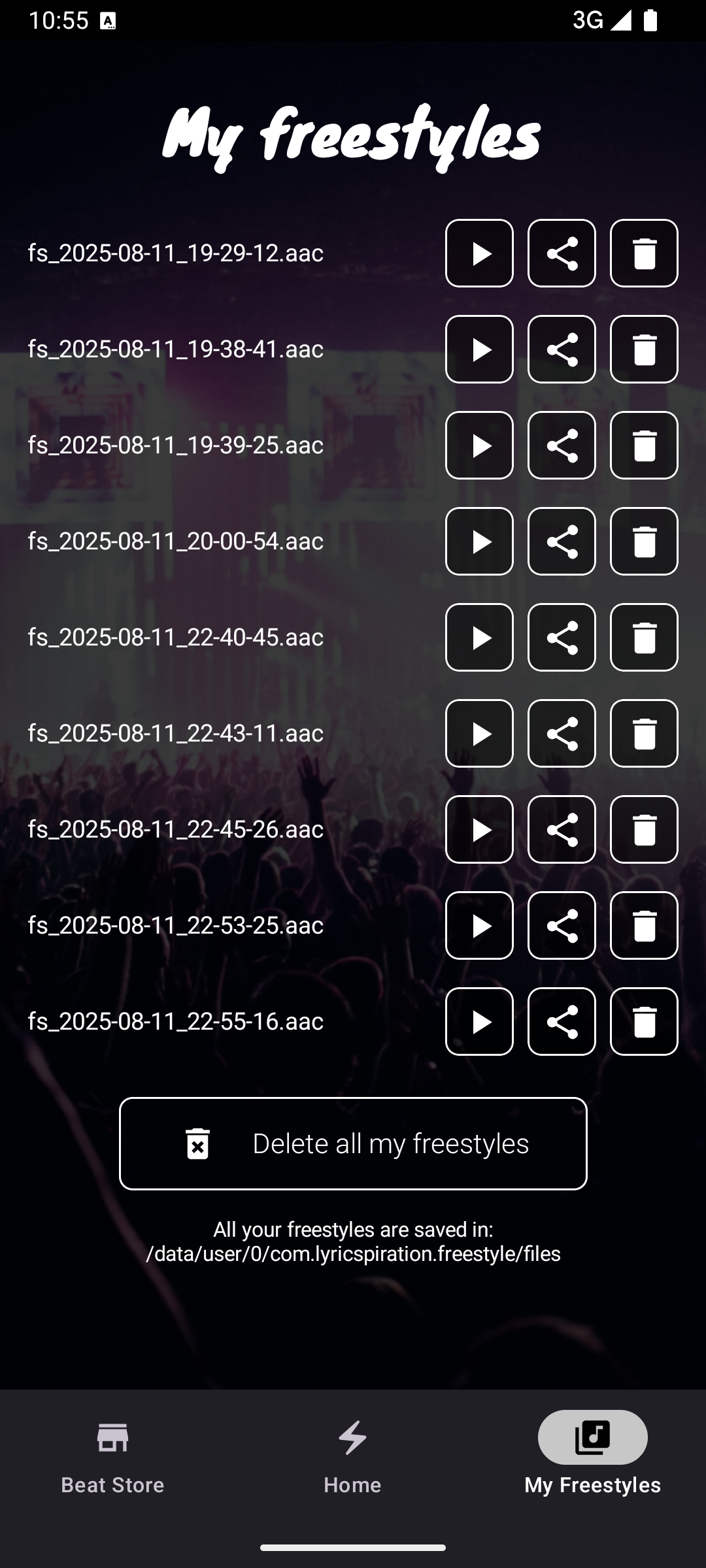 Screenshot of the saved freestyles library.