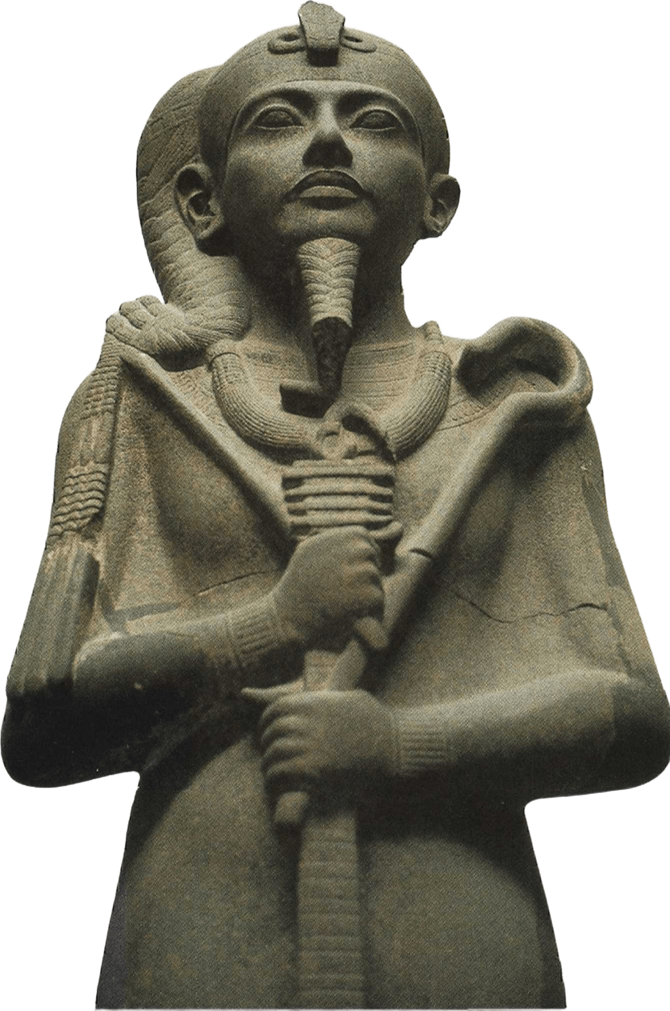 Upper body of an ancient Egyptian statue of the god Khonsu with sidelock of youth, holding crook and flail.